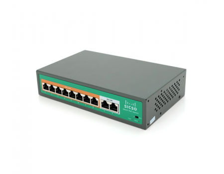 Коммутатор POE SICSO 48V с 8 портами POE 100Мбит + 2 порт Ethernet(UP-Link) 100Мбит, c усил. сигн. до 250м, корпус-металл, Silver, БП встроенный, Q30