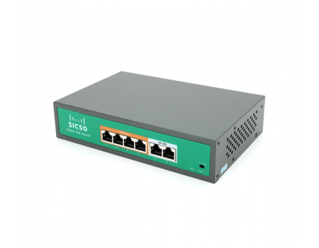 Коммутатор POE SICSO 48V с 4 портами POE 100Мбит + 2порт Ethernet(UP-Link) 100Мбит, c усил. сигн. до 250м, корпус-металл, Silver, БП встроенный, Q30