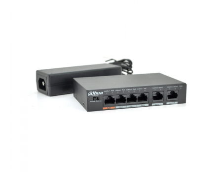 Коммутатор POE Dahua DH-PFS3006-4ET-60 с 4 портами POE 100Мбит + 2 порта Ethernet (UP-Link) 100Мбит, корпус - металл, Black, БП в комплекте