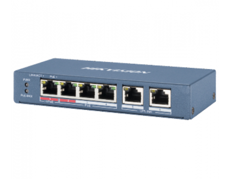 4-портовый неуправляемый POE коммутатор Hikvision DS-3E0106HP-E , 4×100 Мбит/с RJ45 (1 Hi-PoE) + 2×100 Мбит/с