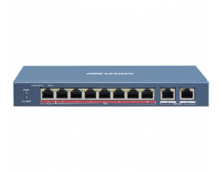 8 портовый POE коммутатор Hikvision DS-3E0310HP-E, 8xRJ45 (100M) PoE(1 Hi-PoE) + 2×1000 Мбит/с RJ45