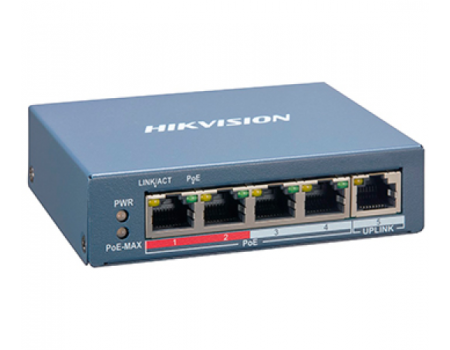 4-портовый POE коммутатор Hikvision DS-3E1105P-EI, 4x RJ45 (100M) + (Uplink) 1х RJ45 (100M)