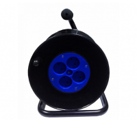 Катушка для удлинителя до 50м без кабеля на 4 гнезда без заземляющего контакта, контактная группа - латунь (Синяя)